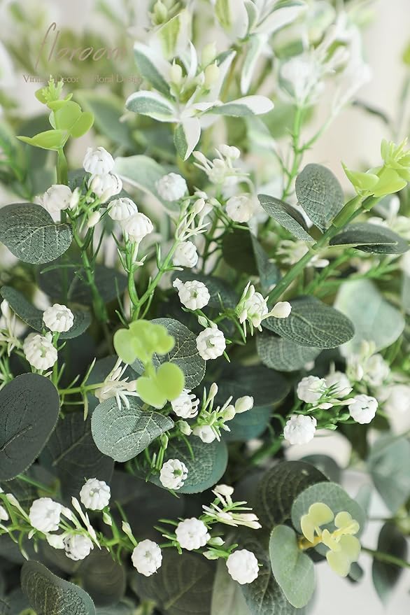 Floroom Artificial Greenery Stems Box Set, 25pcs with 4 Kinds of Faux Greenery Flowers Picks for DIY Bridal Bouquets Wedding Floral Arrangement Table Centerpieces, Tender Green & Sage Green