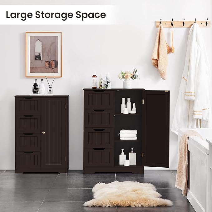 Yaheetech Large Bathroom Floor Cabinet with 4 Drawers and Single Door Cabinet, Freestanding Storage Cabinet for Living Room Kitchen Hallway, Espresso