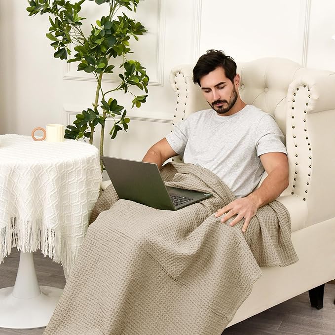 PHF 100% Cotton Waffle Weave Throw Blanket，Pre-Washed Snag Proof Lightweight Breathable Moisture-Wicking for Layering in Cold Weather for Couch Bed,Machine Washable,Home Decor Gift-Khaki/Simply Taupe