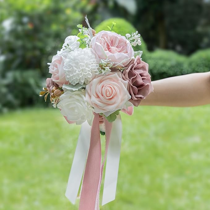 ponatia Dusty RoseWedding Bouquets for Bride Bridesmaid, Blush Pink Wedding Artificial Roses Flowers for Wedding Bouquets Ceremony, Anniversary (Dusty Rose & Blush)