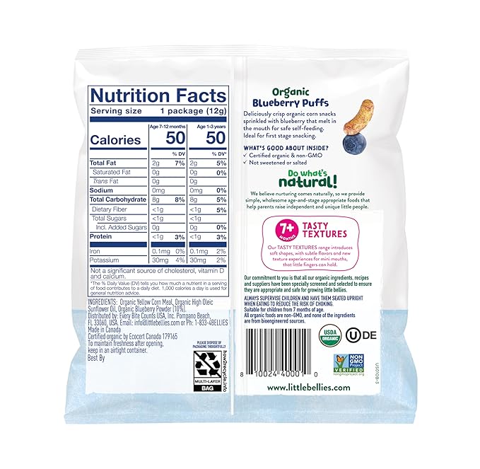 Little Bellies Organic Puffs Variety Pack, Blueberry & Apple and Cinnamon (Pack of 18)