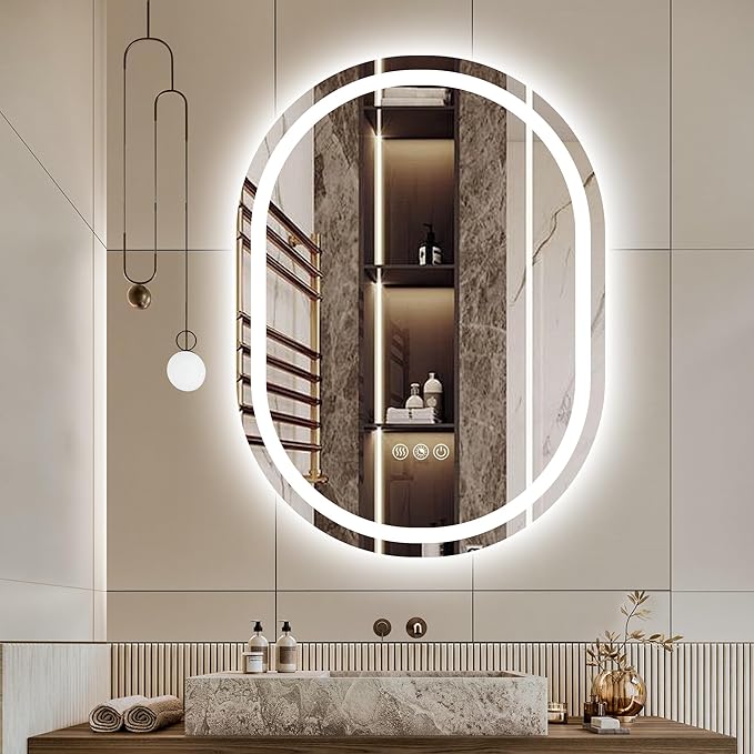 Oval LED Bathroom Mirror with Light 40" x 30", Oval Lighted Mirror for Bathroom,Pill-Shaped Frameless Oval Bathroom Mirror with Light,3 Color,Dimmable,Anti-Fog(Horizontal/Vertical)