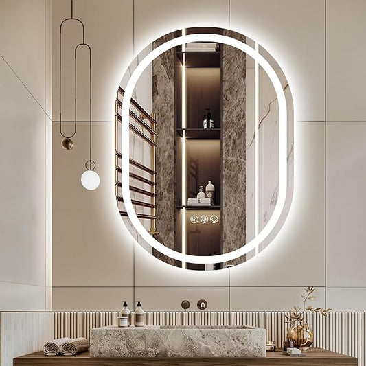 Oval LED Bathroom Mirror with Light 40" x 30", Oval Lighted Mirror for Bathroom,Pill-Shaped Frameless Oval Bathroom Mirror with Light,3 Color,Dimmable,Anti-Fog(Horizontal/Vertical)