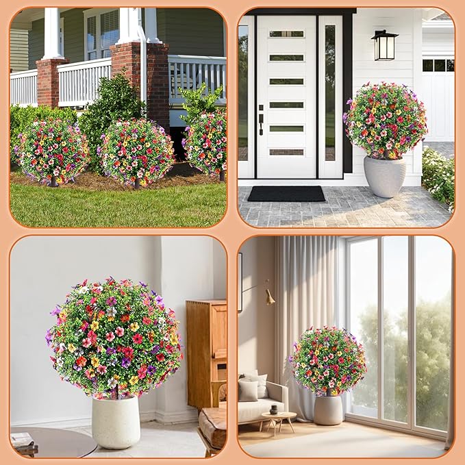 27.5" Artificial Boxwood Topiary Ball Trees with Colorful Flowers, Set of 2 Fake Shrubs Bushes with Ground Spike, UV Resistant Faux Evergreen Plants for Outdoor Planters Front Porch Garden Decor