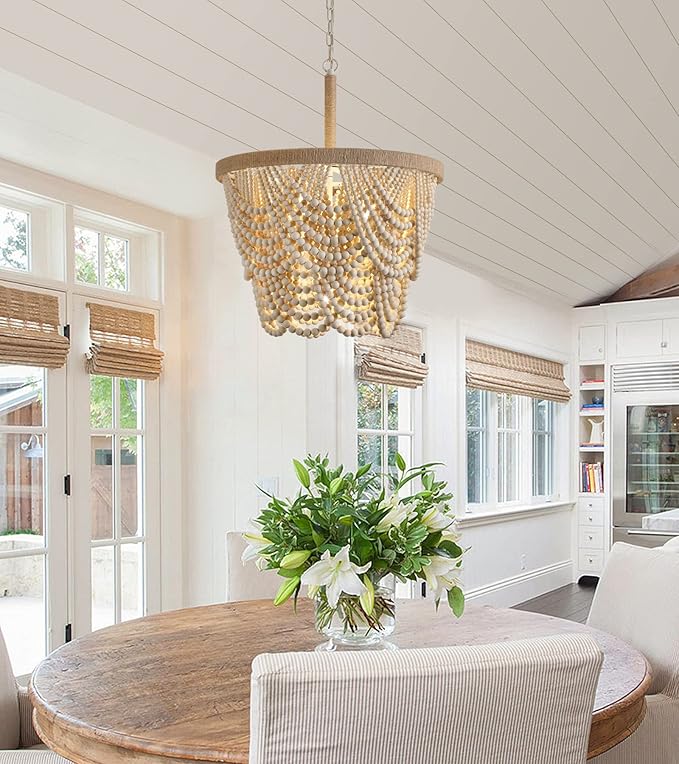 Q&S Boho Wood Beaded Chandelier,Farmhouse Coastal Large Bohemia 5 Lights for Dining Room Kitchen Living Room Entryway Foyer Hotel W19.9 UL Listed