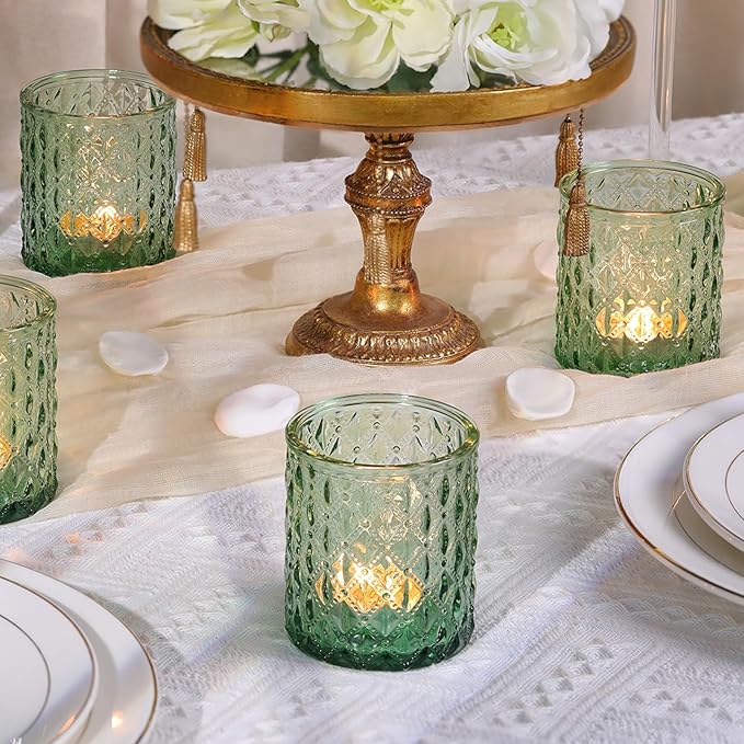 12Pcs Large Votive Candle Holders 2.8 * 3.2in Green Tea Light Candle Holders Glass Candle Holder for Bridal Shower, Wedding, Table Centerpiece, Party, Home Decor