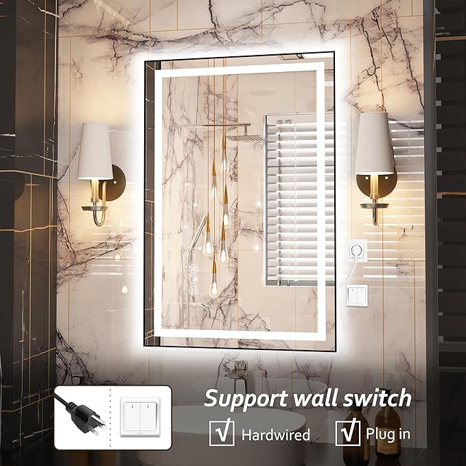 36"x 24" LED Bathroom Mirror with Black Frame, Bathroom Mirror with Lights Front and Backlit, Lighted Mirror Stepless Dimmable, Anti-Fog, Memory, LED Vanity Mirror with Lights 3 Colors