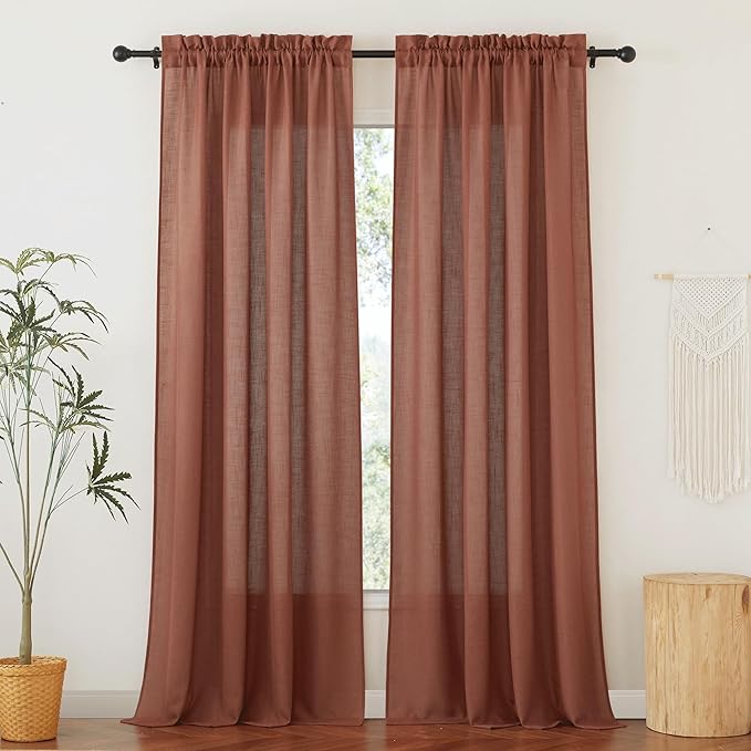 RYB HOME Linen Curtains 95 inches Long, Airy Breathable Absorbent Curtains & Drapes, Light Filter Half Privacy Protect for Sliding Door, Doorway, Living Room, Nursery, Wide 52", 2 Panels, Terracotta