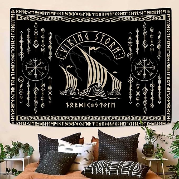 OSUNBD Viking Warship Tapestry Wall Hanging - Small 70x47 inches Storm & Celtic Runes on Soft Flannel Aesthetic Mythology Tapestries Norse Mythology Art for Bedroom, Living Room Decor