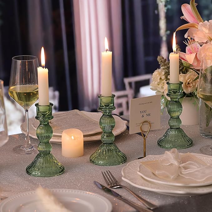 DARJEN Green Candlestick Holders Set of 4 - Vertical Stripe Glass Candle Holders for Candlesticks and Taper Candles, Taper Candle Holder for Wedding, Home, Decor & Table Centerpieces