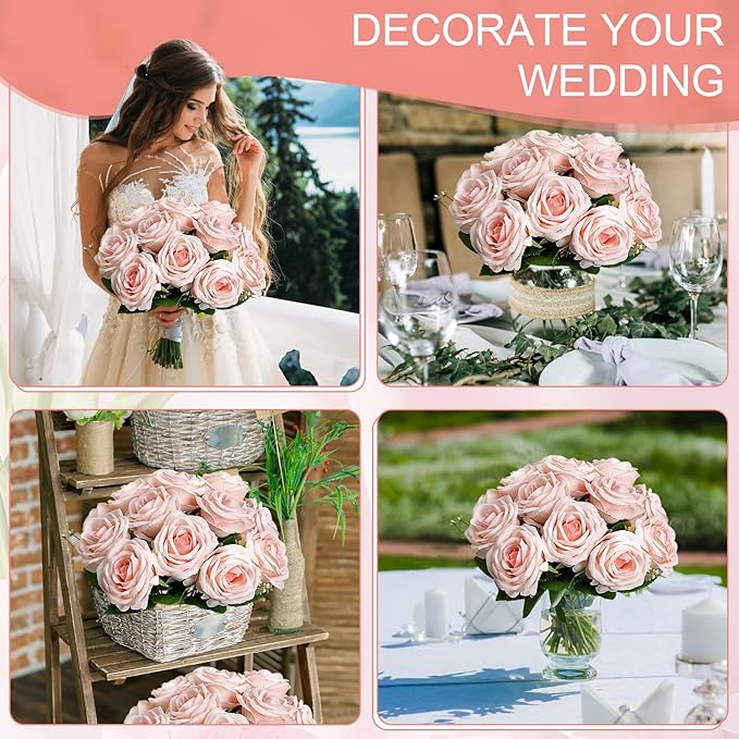 Artificial Roses Bouquets - 8 Bundles Fake Silk Flowers Realistic Faux Florals Bulk for Wedding Bridal Party Baby Shower Event Home Arrangements Centerpieces Decorations (Pink)