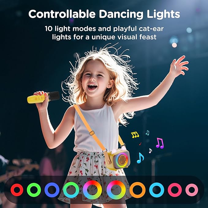 BIGASUO Karaoke Machine for Kids, Mini Portable Bluetooth Speaker with 2 Wireless Microphones and LED Lights, Kids Toys Ideal Gifts for Girls & Boys Birthday Home Party Yellow-2Pack