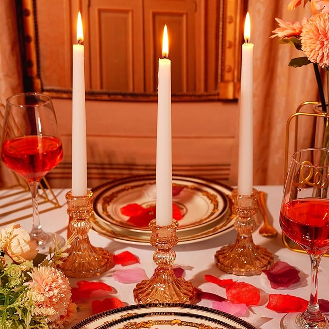 Suclain 24 Pcs Glass Taper Candle Holder Sets 12 Candlestick Holder with 12 White Long Candles for Wedding Party Decor Dinner Decoration(Amber)