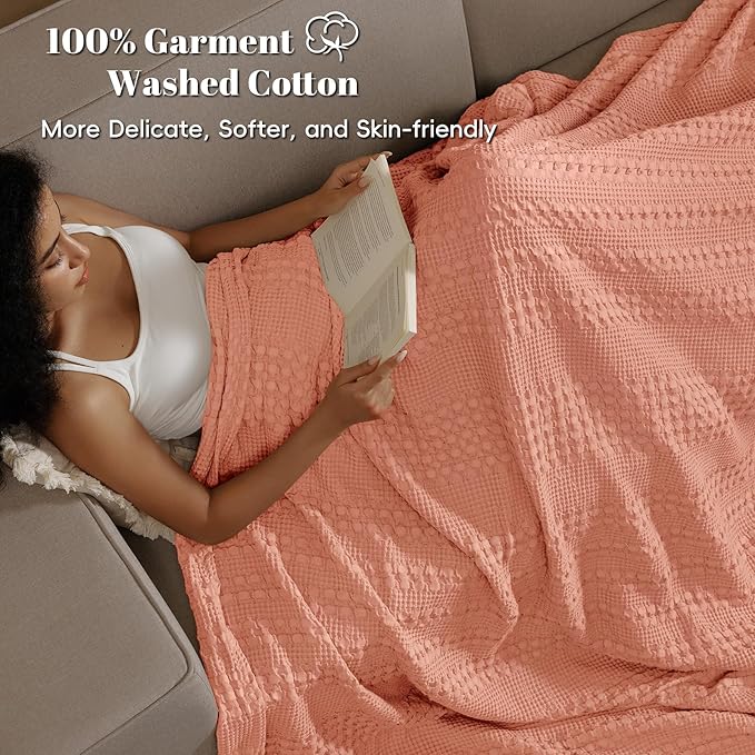 PHF 100% Cotton Waffle Weave Blanket Twin Size for Bed, Soft Lightweight & Breathable, All-Season Comfort, Luxury Aesthetic Woven Bedding for Home Decor, 66"x90", Canyon Clay