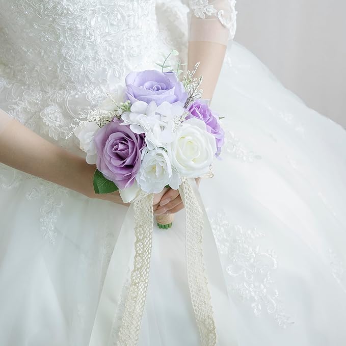 Wedding Bouquets for Bride Bridesmaid, Artificial Lilac Bride Flower Bouquet for Wedding Church Decoration Ceremony, Anniversary, etc, Roses Flowers