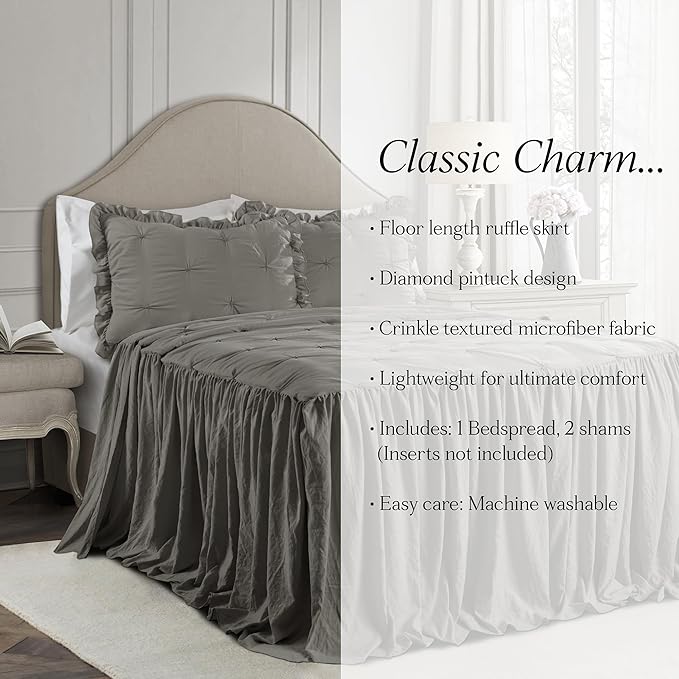 Lush Decor Ravello Pintuck Ruffle Skirt Bedspread Set - Luxe 2 Piece Ruffled Bedding Set - Traditional Glam & Farmhouse Inspired Bedroom Decor - Twin, Dark Gray