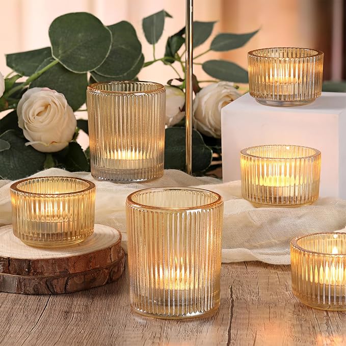 10pcs Ribbed Gold Votive Candle Holders, Assorted Glass Tea Light Candle Holders for Wedding Centerpieces, Brithday, Party and Holiday Decorations