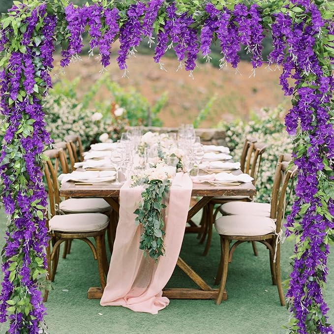 Wisteria Artificial Flowers Garland, 2Pcs Total 14.4ft Silk Faux Wisteria Vine Kit, Hanging Flower Plant for House Outdoor Garden Ceremony Outside Wedding Arch Floral Decor (2, Purple)