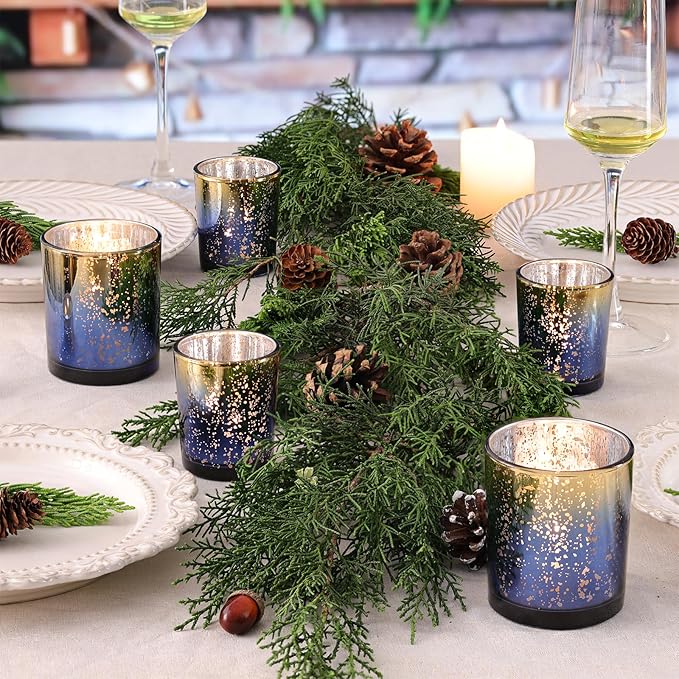 Volens 12pcs Assorted Navy Votive Candle Holders, Large Speckles Mercury Glass Votive & Tealight Candle Holder Bulk for Wedding Table Centerpiece, Navy and Gold Themed Party Decorations and Home Decor