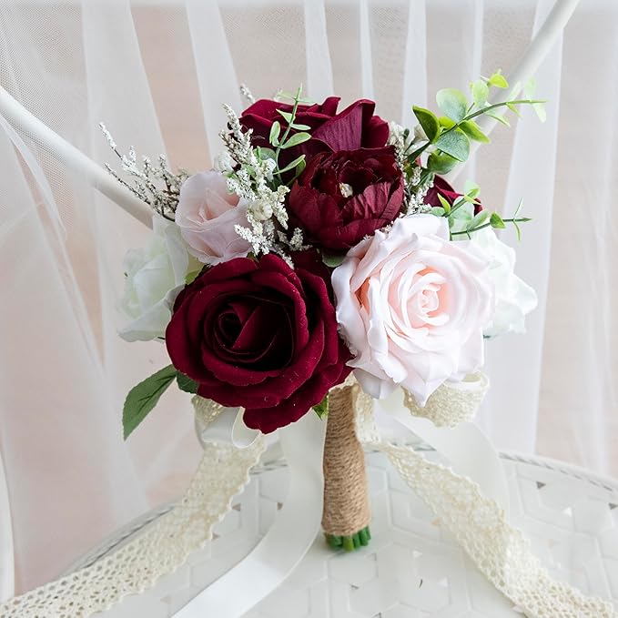 Wedding Bouquets for Bride Bridesmaid, Artificial Burgundy Blush Bride Flower Bouquet for Wedding Church Decoration Ceremony, Anniversary, etc, Roses Flowers