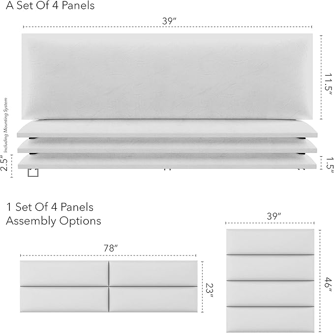 Vänt Upholstered Wall Panels - King/Cal King Size Wall Mounted Headboards - Vintage Leather White Dove - Twin/King - Set of 4 Panels (Each Individual Panel 39"x11.5")