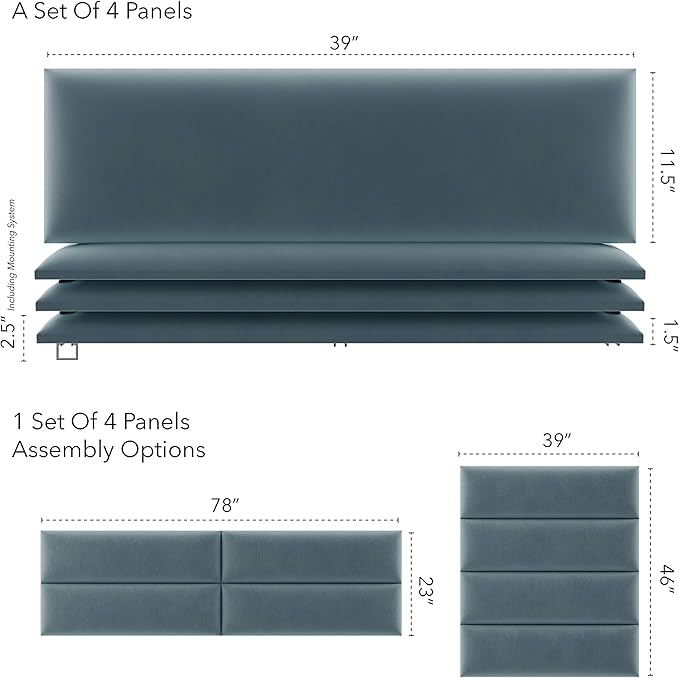 Vänt Upholstered Wall Panels - King/Cal King Size Wall Mounted Velvet Headboards - Velvet Antique Blue - Twin/King - Set of 4 Panels (Each Individual Panel 39"x11.5")