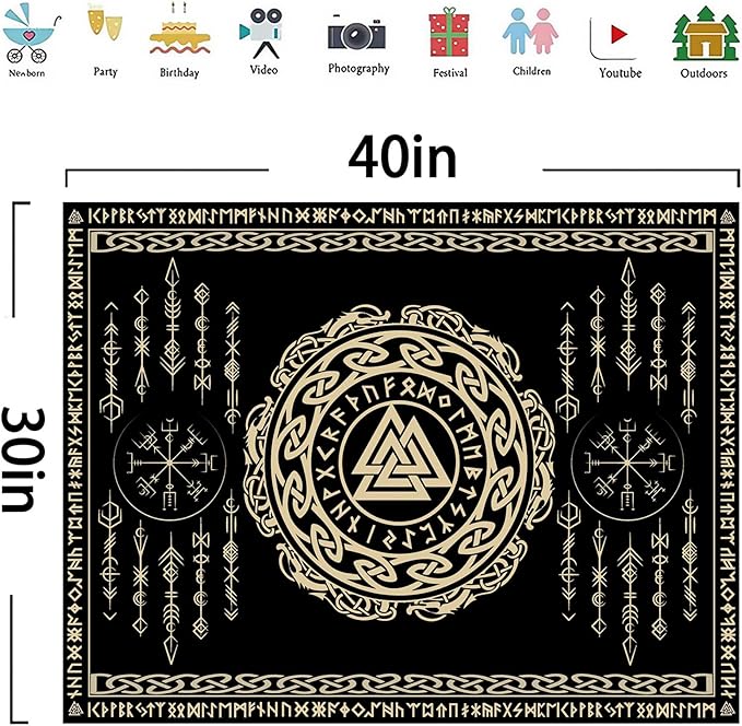 OSUNBD Nordic Viking Tapestry Wall Hanging - Small 40x30inches Soft Flannel with Valknut, Celtic Runes & Norse Mythology Scandinavian for Bedroom, Living Room Decor