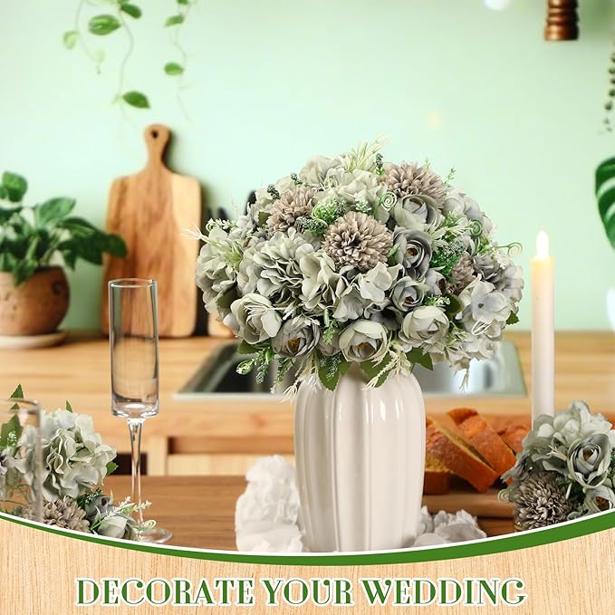 Tigeen 12 Bundles Peonies Artificial Flowers Faux Roses Silk Flowers Hydrangea Artificial Bouquet for Wedding Table Centerpiece Floral Vase Home Office Bridal Decor (Pastel Blue)