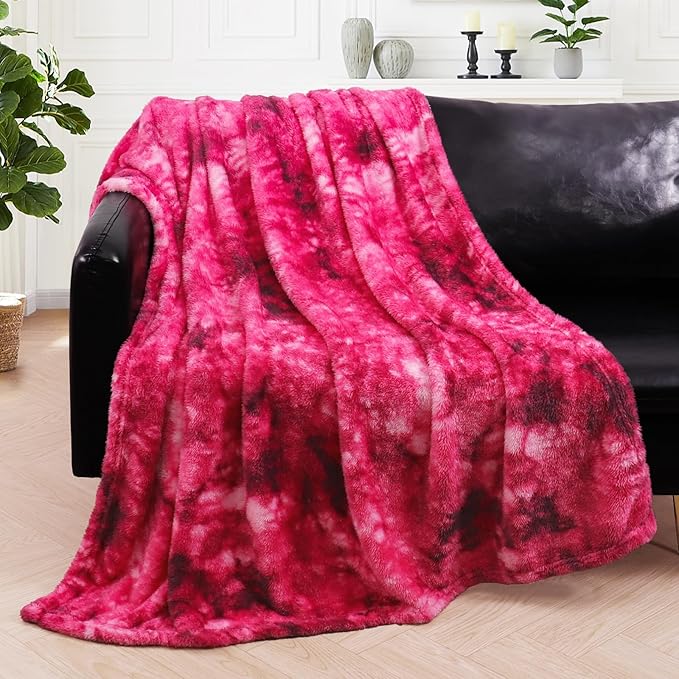 Exclusivo Mezcla Plush Fuzzy Fleece Throw Blanket Extra Large, Super Soft, Fluffy and Warm Blankets for Couch, Bed, Suitable for All Seasons (50x70 Inches, Tie Hot Pink)