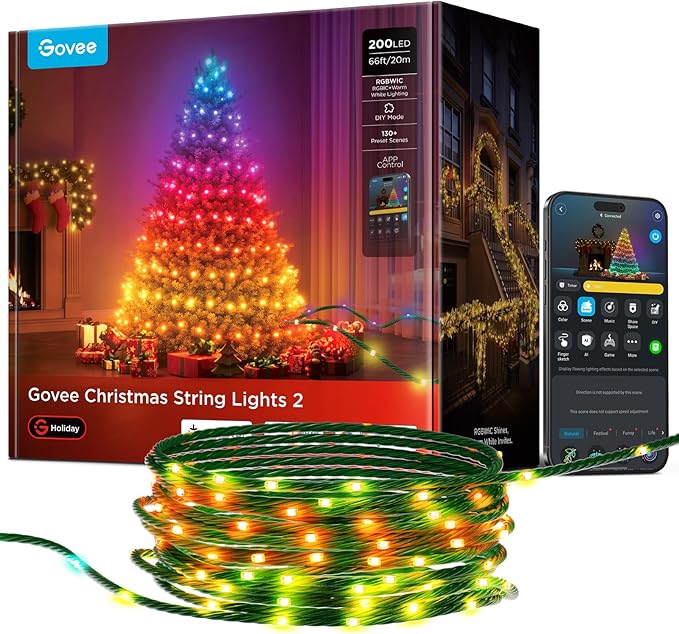 Govee Christmas Lights 2, RGBWIC 66FT 200LEDs Holiday String Lights with Shape Mapping Function, Smart LED Decoration for Indoor Outdoor Tree, 130+ Preset Scenes, Voice and APP Control, Green Wire