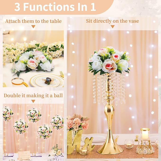 NUPTIO Pcs of 10 Fake Flower Ball Arrangement Bouquet,15 Heads Plastic Roses with Base, Suitable for Our Store's Wedding Centerpiece Flower Balls for Centerpieces Home Décor (Pink Champagne & White)