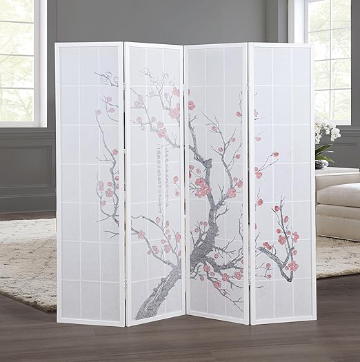 Roundhill Furniture White Japanese 4-Panel Screen Room Divider, Plum Blossom