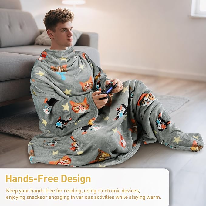 Catalonia Cat & Dog Print Wearable Blanket with Sleeves and Foot Pocket – Ultra-Soft Warm Fleece Long Throw Snuggly Blanket for Sleeping & TV Time – Cozy Christmas Gift for Women & Men