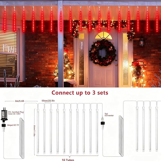 Joomer Christmas Lights Outdoor, 11.8 inch 10 Tubes 240 LED Meteor Shower Lights, LED Snow Falling Icicle Cascading Light with Timer Waterproof and Connectable for Christmas Decoration (Red)
