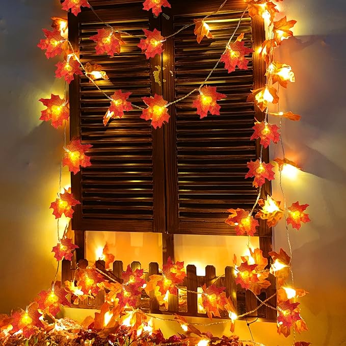 TURNMEON 2 Pack Thanksgiving Decorations Enlarged Maples Leafed Lights Total 20Ft 40LED Fall Decorations for Home, Battery Operated Autumn Garland Waterproof Indoor Outdoor Holiday Thanksgiving Decor