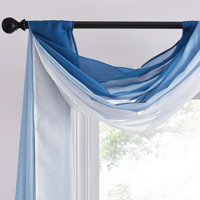 NICETOWN Navy Blue Ombre Sheer Scarf Curtains Valances, Elegant Backdrop Voile Texture for Indoor Outdoor Wedding Ceremony/Party/Pergola Canopy, Set of 2, W60 x L216