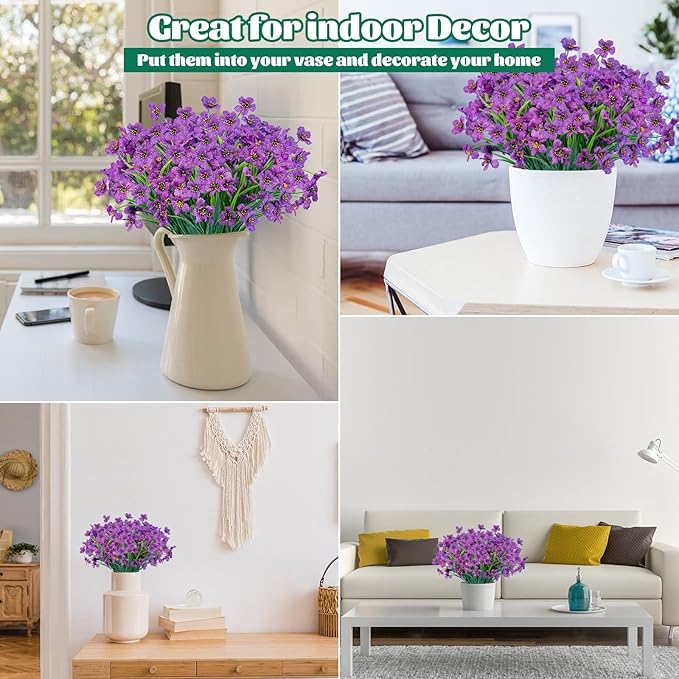 Lnoicy 12 Pcs Artificial Flowers for Outdoor,Plastic Flowers Decoration, UV Resistant Faux Flowers Shrubs, Artificial Plants for Indoor Outside Garden Home Wedding Farmhouse（Purple）