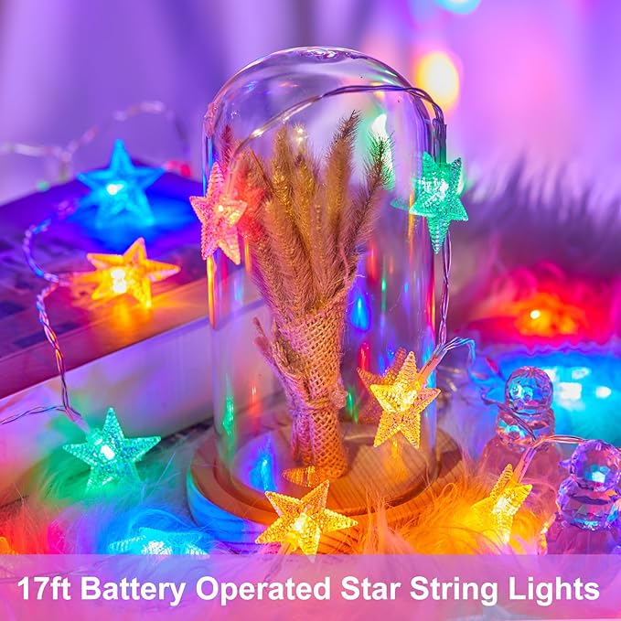 Minetom Star String Lights Battery Operated - 2 Pack 17 ft 50 LED Star Fairy String Lights with Timer, Waterproof for Indoor Bedroom Tent Loft Bed Patio Party Wedding Decor, Multi-Color
