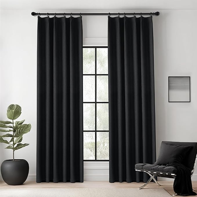 KangBang Black Pinch Pleated Curtains Blackout 90 Inches Long for Bedroom, Linen Textured Pinch Pleat Drapes for Living Room Nursery, Soundproof Privacy Assured Home Decor(2 Panels, Black,40x90)
