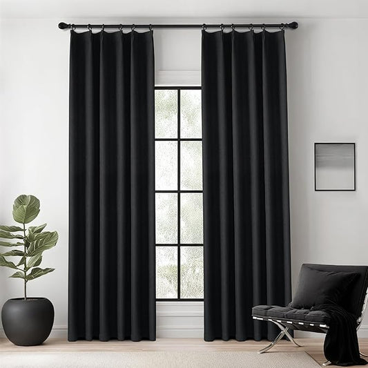 KangBang Extra Wide Pinch Pleated Blackout Curtains 84 Inch Length 2 Panels Set, Thermal Insulated Linen Curtains for Sliding Door Living Room, Modern Pleat Draperies with Hooks,60x84, Black