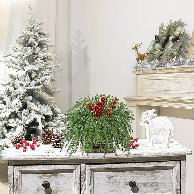 Artificial Christmas Norfolk Pine Arrangement with Red Berries and Pinecones 10 Inch Holiday Table Centerpiece in Rustic Wooden Box Faux Tabletop Arrangement for Home Mantel Xmas Dining Table Decor