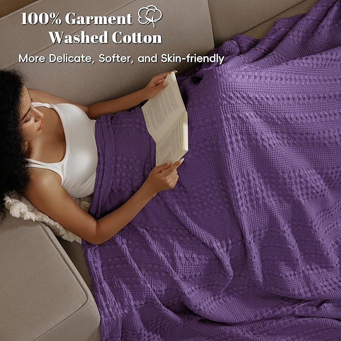 PHF 100% Cotton Waffle Weave Blanket Queen Size for Bed, Soft Lightweight & Breathable, All-Season Comfort, Luxury Aesthetic Woven Bedding for Home Decor, 90"x90", Grape Purple