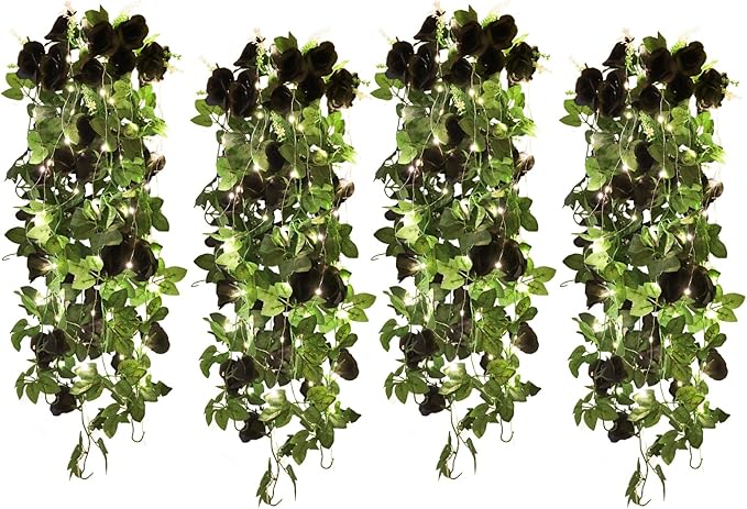 RECUTMS Artificial Hanging Rose Flower 4Pieces 3.3Ft Flowers for Outdoors with 30 LED Fairy String Lights Fake Indoor Wall Wedding (Black)