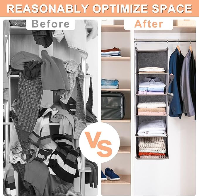 BOOMIBOO Hanging Closet Organize and Shelves，5-Hanging Shelf with 2 Side Pockets，Storage Foldable （2 Pack ，Grey）