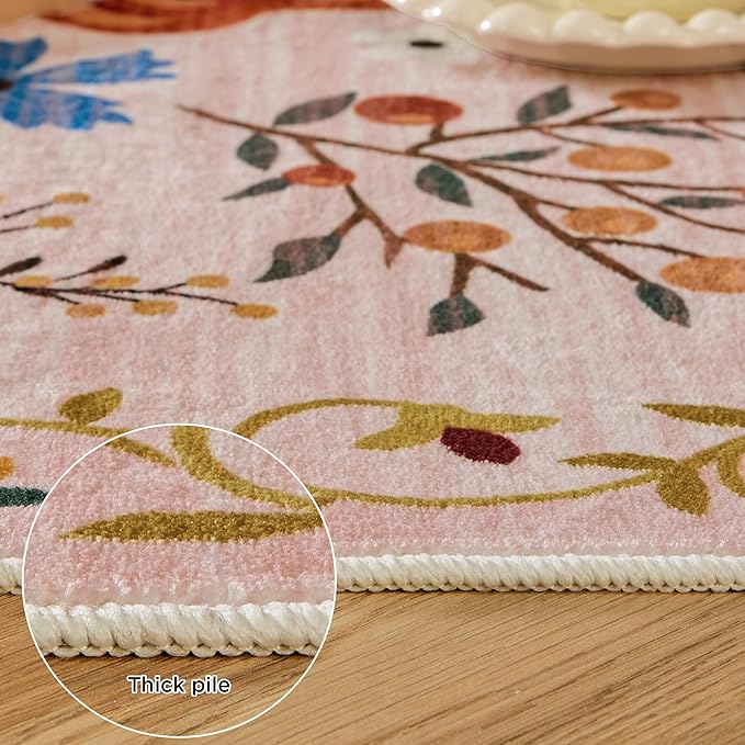 2x3 Washable Rug for Entryway, Floral Soft Small Area Rug, Non Slip Doormat Indoor Entrance Carpet, Flower Low Pile Front Door Throw Rug for Bedroom, Kitchen, Laundry, Bathroom, Pink/Beige