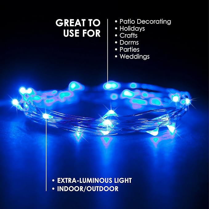 2 Sets 20 LEDs Blue Color String Lights Silver Wire Indoor and Outdoor 6.5 Feet Firefly Starry Fairy Lights Battery Powered for DIY, Christmas, Holidays, Party, Bedroom and Centerpieces