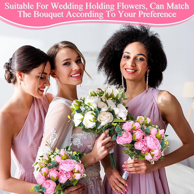 Hoteam 24 Bundles Artificial Peonies Flowers Wedding Faux Flowers Silk Peony Bouquet Bulk Bride Fake Florals Arrangements for Table Centerpieces Wedding Party Vase Decor (Light Pink, White)