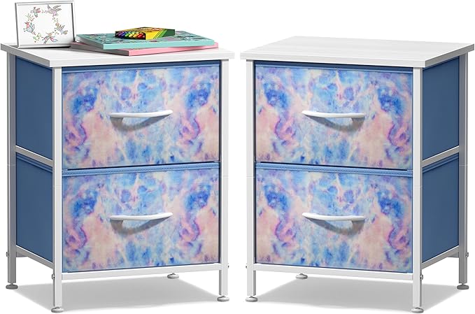 Sorbus Nightstand with 2 Drawers - Kids Bedside Furniture End Table Night Stand - Steel Frame, Wood Top & Easy Pull Fabric Bins - Dresser & Chest for Home, Bedroom Accessories, Office & Dorm (2 Pack)