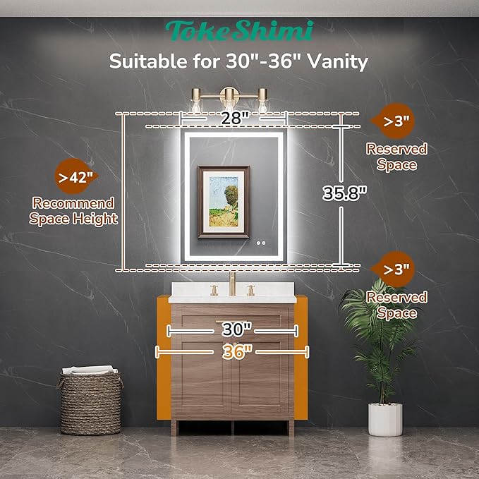 TokeShimi 28x36 LED Mirror for Bathroom,Backlit + Front lit,LED Bathroom Mirror with Lights,Anti-Fog Backlit Mirrror with Tempered Glass,Waterproof,Memory Function,Shatterproof,UL Listed