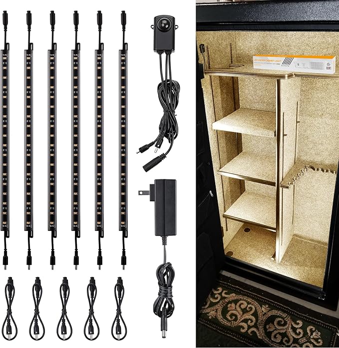 TORCHSTAR LED Safe Lighting Kit, (6) 12 Inch Linkable Light Bars + Motion Sensor + UL Power Adapter, 900LM, Input 100-240V, for Under Cabinet Gun Safe Locker Closet Showcase, 3000K Warm White
